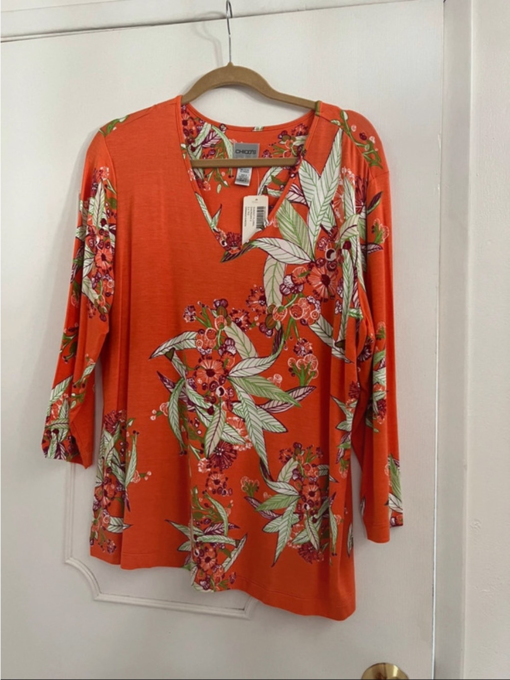 Chico's Orange Floral V-Neck Tunic with Green Leaf Print